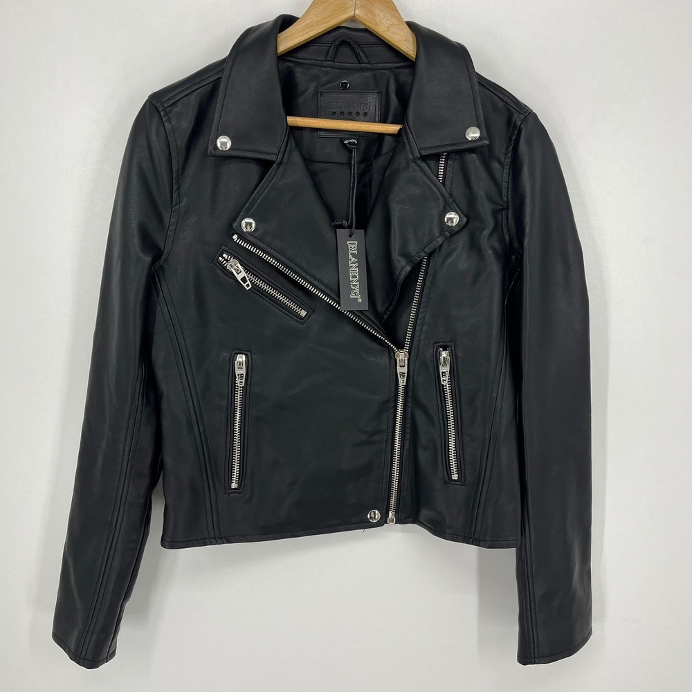 BLANKNYC Womens Black Vegan Leather Moto Jacket Biker Full Zip Small NEW